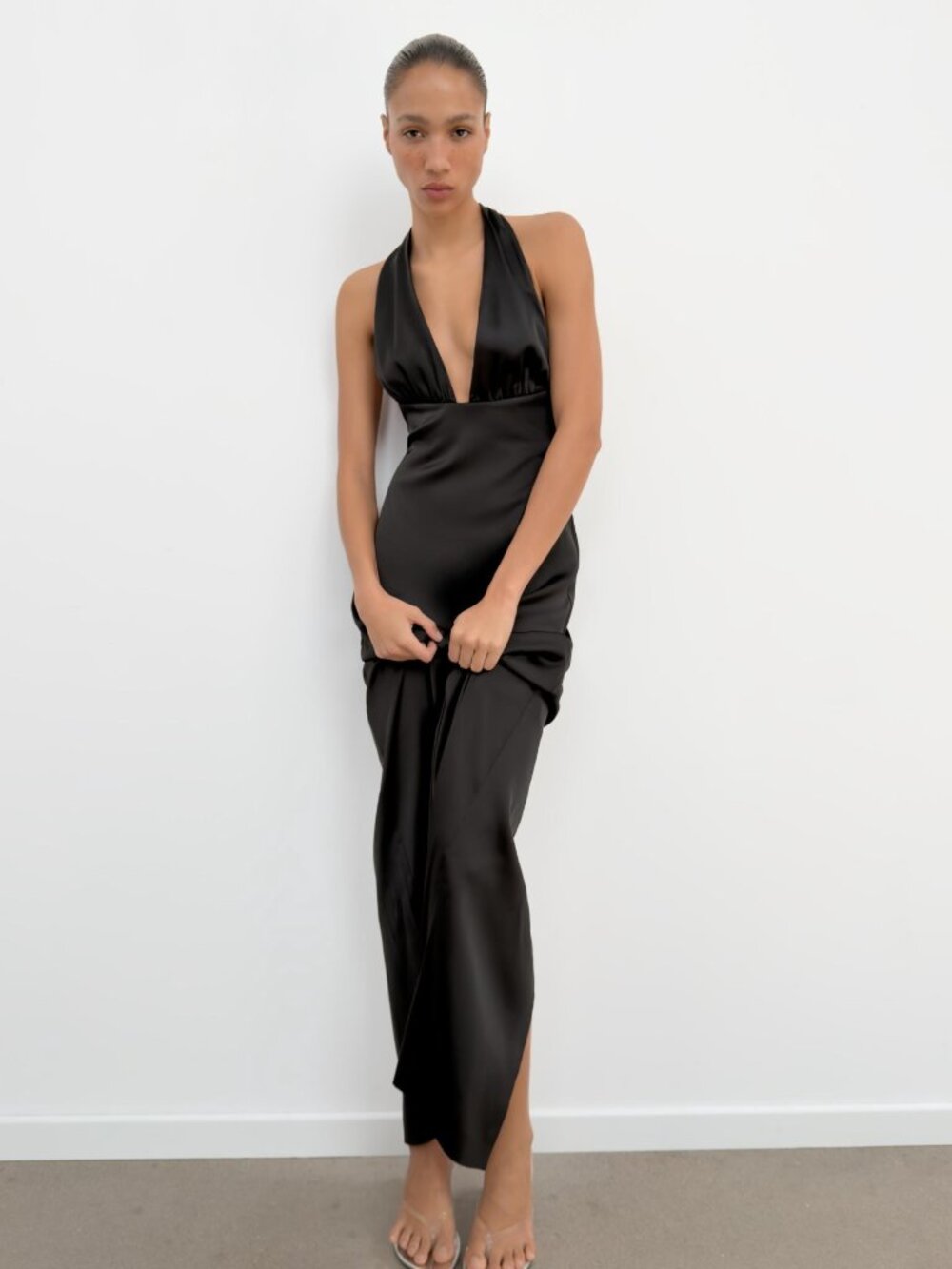 ZARA SATIN EFFECT LONG HALTER DRESS